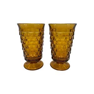 Whitehall Cubist Amber Color Vintage Indiana Glass Drinking Glasses Set of 2